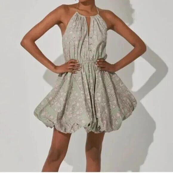 NWT Cleobella Mini Dress Flora Block Print Organic Halter Neck Fit & Fla… - Picture 1 of 7